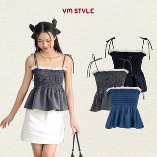 Áo 2 dây nữ VMSTYLE thân chun phối ren cột nơ vai trơn dễ thương đi chơi, đi biển, dạo phố ASU00526