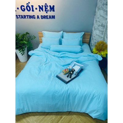Bộ 4 món Ga Gối- Chất liệu Cotton Đũi Tici một màu trơn nệm 17-25cm 3T