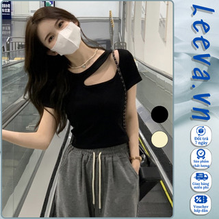 Áo croptop cổ tròn dáng ngắn hở vai gợi cảm, áo thun nữ tay ngắn khoét vai dáng ôm body - 1050