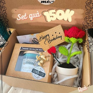 Quà tặng sinh nhật set nến thơm hương nước hoa kèm chậu hoa hồng len phong cách Vintage