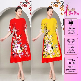 Áo dài nhà bồng - ad019 áo dài cách tân in 3d cành đào ngày tết siêu dễ thương
