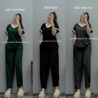 B30-bộ áo cộc cổ tim phối tay quần baggy suông chín tấc bigsize 55-95kg
