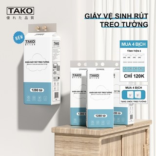 Giấy vệ sinh treo tường Tako thùng 6 bịch, Khăn giấy rút treo tường 1280 tờ, dập vân 4D, 4 lớp siêu dai, mềm mịn