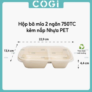 50 hộp bã mía dài 2 ngăn kèm nắp nhựa pet hoặc nắp bã mía 750ml dùng 1 lần COGI đựng cơm văn phòng