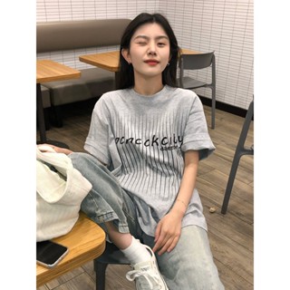 Focus local brand vintage Xám tiêu áo phông nữ form rộng thư logo in ấn cổ tròn áo thun oversize 100%cotton