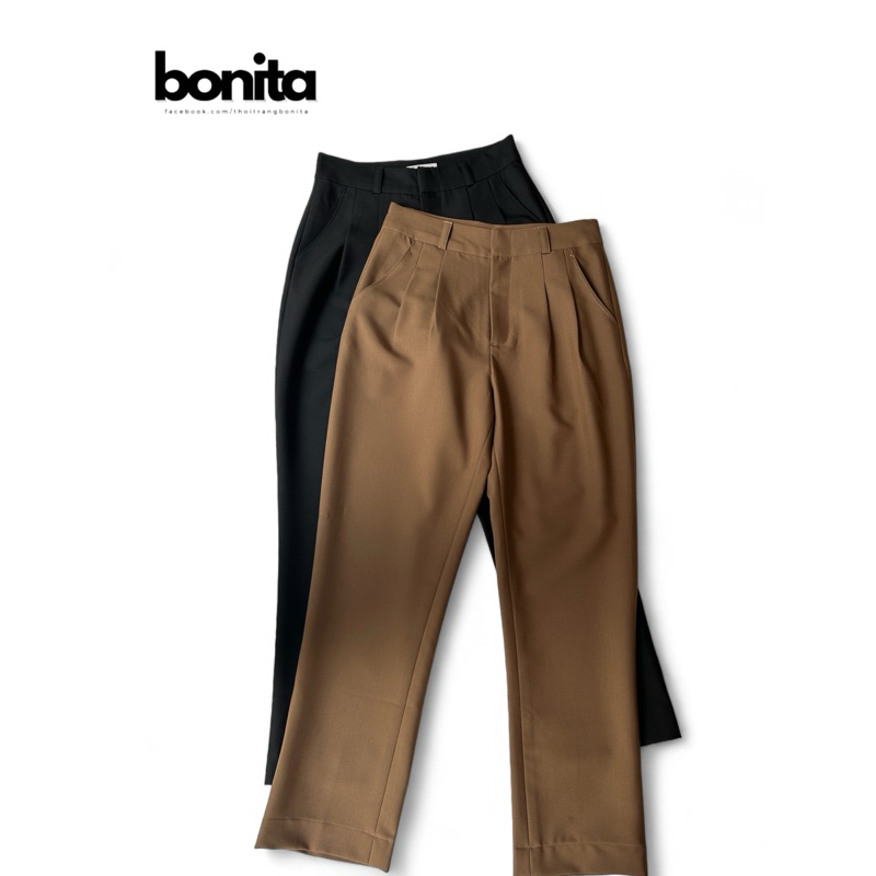 Quần dài Nữ ống ôm xếp 2 ly Bonita Thoáng Mát, Đường May Tinh Tế Cotton Màu Đen, Nâu, Xám