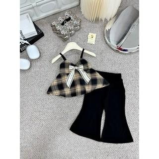 Sét áo kẻ 2 dây phối nơ xinh kèm quần loe cho bé gái
