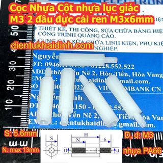 Cọc Nhựa lục giác M3 đầu đực cái (Đ-C), đầu vặn ốc dài 6mm, kích thước 5mm ~ 50mm kde0264