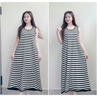 Đầm suông freesize sọc trắng đen form rộng thun thái thoáng mát L95