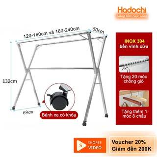 Sào Phơi Quần Áo Thông Minh, Gấp Gọn Hadochi chữ X, Cây Inox 304 Siêu Bền 20 Năm, Chịu Tải 80kg, Kích Thước 1m2 - 2m4