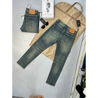 Quần jean nam dài cao cấp BoBoMen chất đẹp co giãn thoải mái ống côn bó màu xanh xám mài bụi túi hậu dập chữ nổi