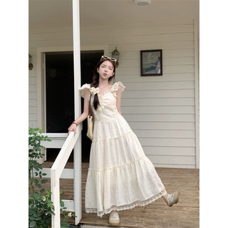 Đầm kem dài kiểu viền chân ren