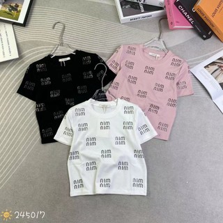 Áo thun croptop nữ tay ngắn cổ tròn cườm chữ nim nim hàng Quảng Châu chất cotton, áo phông baby tee mùa hè 245017