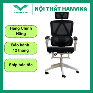 Ghế công thái học HVK-S09 màu trắng - đen có gác chân, ngả lưng, tựa đầu thư giãn