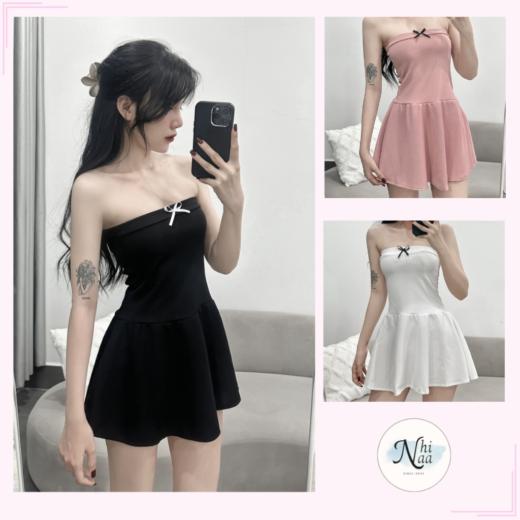 Đầm Ống Ngắn Dáng Xòe Kiểu Cúp Ngực NhiNaa Store Đính Nơ Xinh Xắn D127