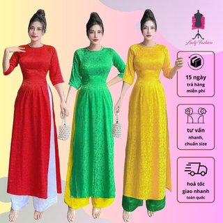 Áo dài gấm vân gỗ hoa hồng đính ngọc trai cổ AD016 - Lady Fashion