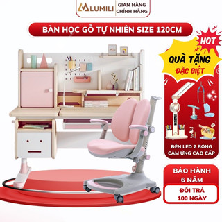 Bộ bàn học sinh lumili 310 - bàn học thông minh chống gù liền giá sách mặt gỗ tự nhiên cao cấp 120x60cm