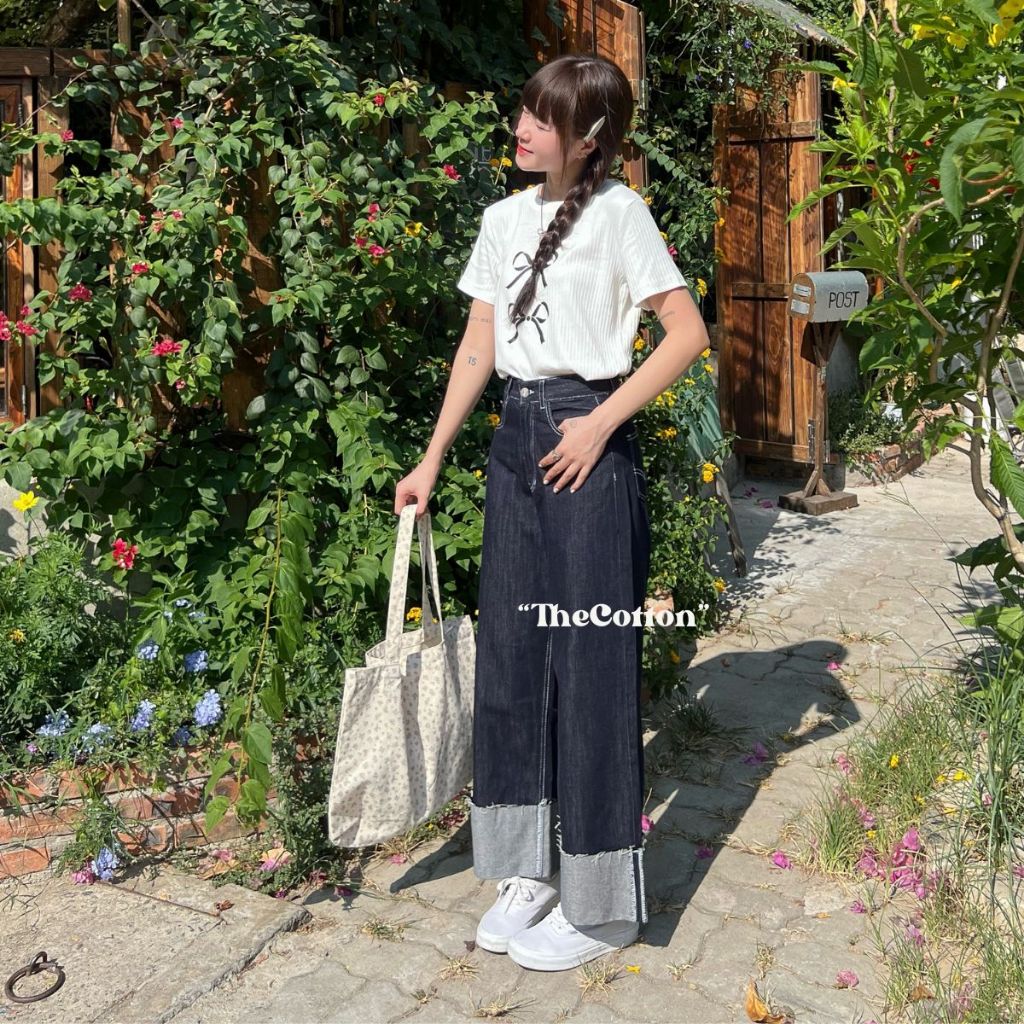 Quần Jeans Ống Rộng Gập Gấu TheCotton Quần Bò Ống Suông Denim Cotton Chỉ Nổi Trắng
