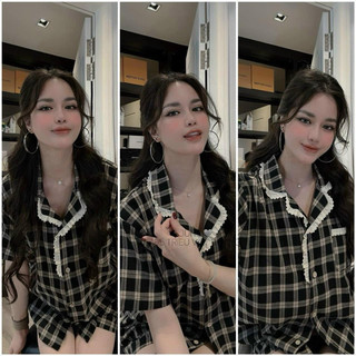 Set bộ mặc nhà kẻ caro đen viền ren