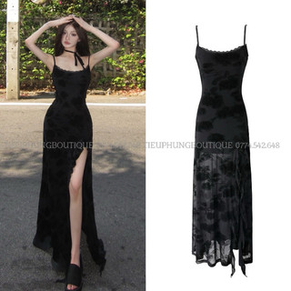 Đầm ren 2 dây dáng dài xẻ tà tua rua