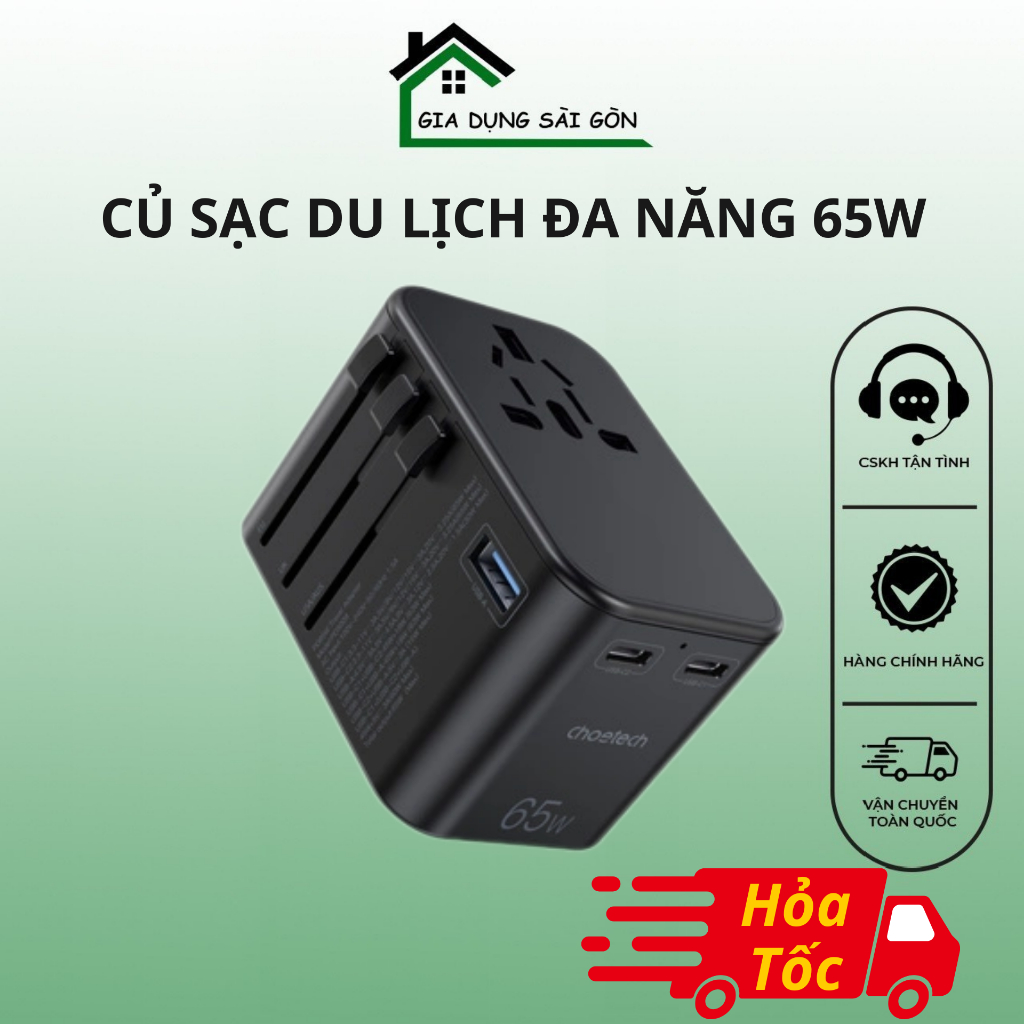 Củ sạc du lịch 65W Choetech GaN PD5009 – PD65W 2C+A Travel Travel Wall Charger