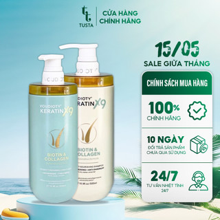 Cặp dầu gội, dầu xả phục hồi tóc hư tổn nặng Voudioty Keratin X9, Dầu gội xả tóc keratin x9 biotin & collagen 500ml