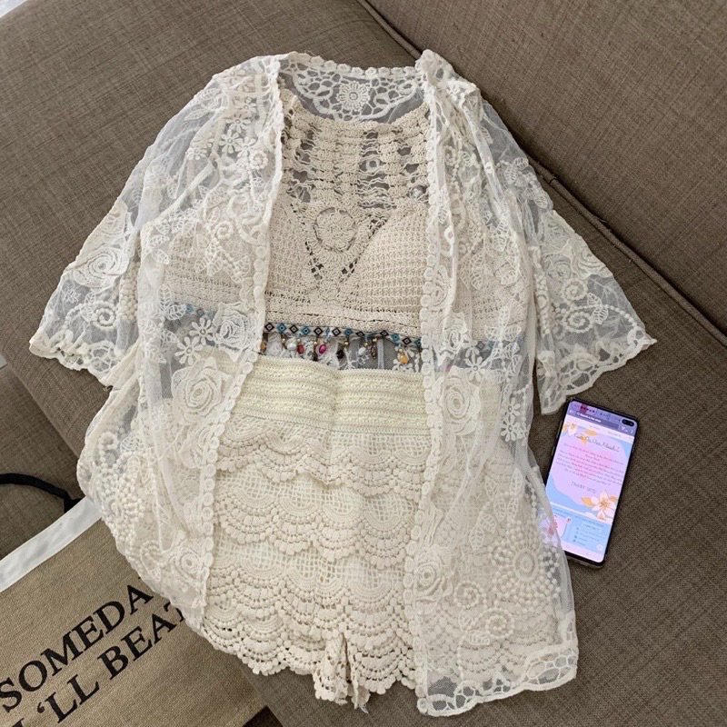 💥20-Set bikini ren đi biển 3 món(bra yếm đính hạt- quần giả váy tầng-choàng hoa hồng) | BigBuy360 - bigbuy360.vn