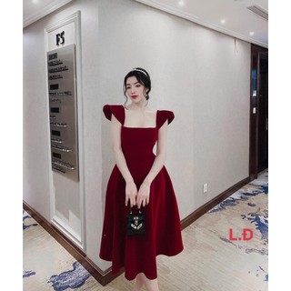 Đầm nhung dáng dài dây cườm buộc nơ lưng