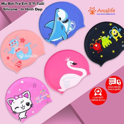 Mũ Bơi Trẻ Em Silicone Trơn Từ 3-11 Tuổi - Chọn Màu Siêu Co Giãn, Nón Bơi Trẻ Em Siêu Bền, Chống Thấm Nước Hãng Amalife