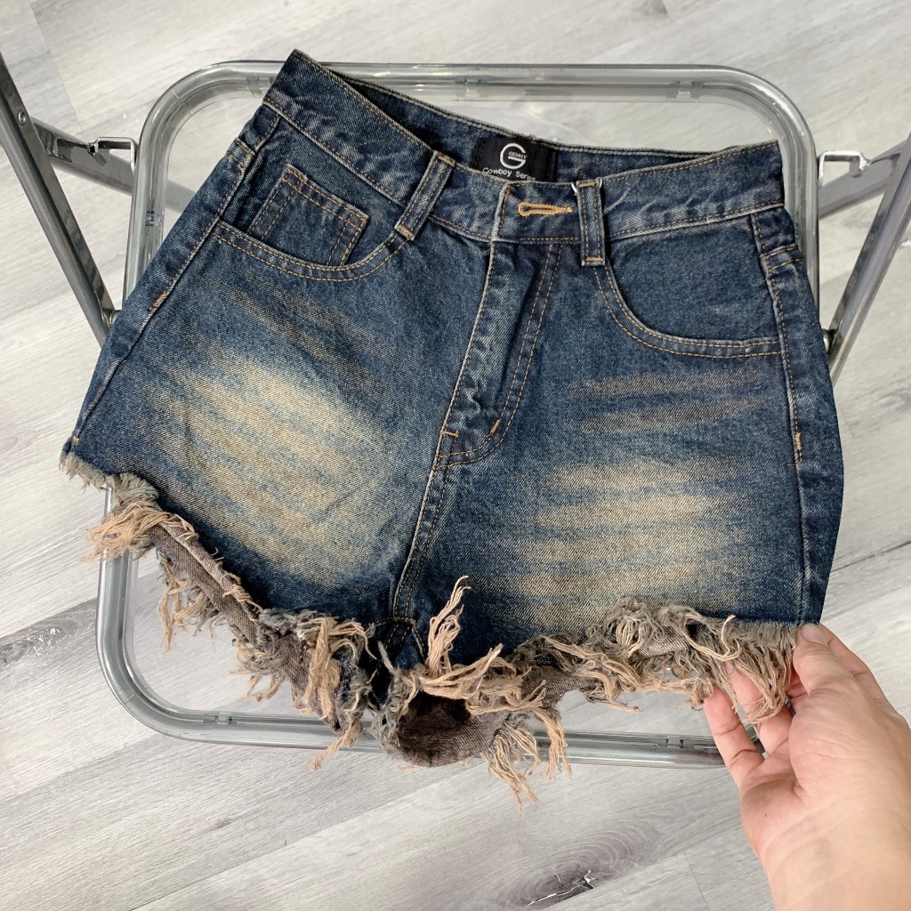 Quần đùi short jean nữ lưng cao màu bụi đá tua váng chất Denim Cotton Women MS014