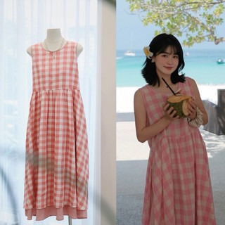 Petbychang - Váy babydoll kẻ hồng, thiết kế layer 2 lớp xinh xắn, phom suông basic dáng dài lên dáng chuẩn style Hàn