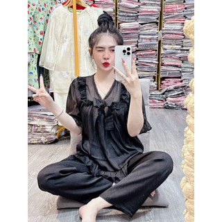 Bigsize 60-80kg bộ tiểu thư ngắn tay lụa xước ánh kim mềm mát bánh bèo dễ thương