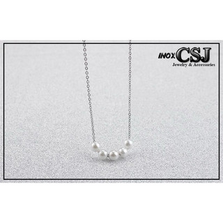 Dây chuyền inox xỏ ngang 5 hạt cườm trắng đẹp