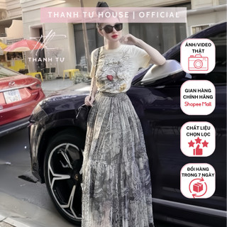T1790 Set Đầm Nữ Thiết Kế 2 Món Gồm Áo Thun In 3D Mix Chân Váy Voan Mềm Dáng Dài Xòe Cách Điệu Women - Thanh Tự