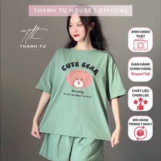 T1636 Set Bộ Đồ Nữ 2 Món Gồm Áo In Hình Cute Bear Chất Cotton From Rộng Phối Quần Thun Có Túi