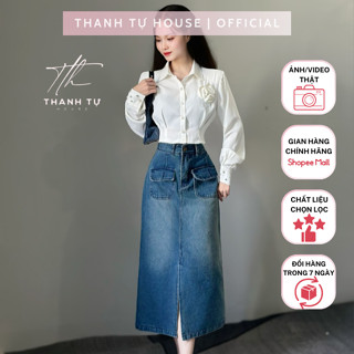 T1761 Set Đầm Nữ 2 Món Gồm Áo Sơ Mi Croptop Đính Hoa Mix Chân Váy Jean Dáng Dài Cách Điệu Women - Thanh Tự