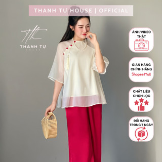 T1755 Set Đồ Lam Nữ Thiết Kế 2 Món Gồm Áo Voan Tơ Mềm Cổ Tròn Cúc Bọc Phối Quần Lụa Dáng Dài Cách Điệu Top - Thanh Tự
