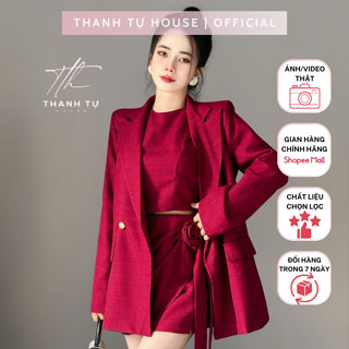 T1744 Set Vest 3 Món Gồm Áo Vest Form Rộng Phối Áo Ba Lỗ Và Chân Váy Cuộn Hoa Dáng Ngắn Cách Điệu