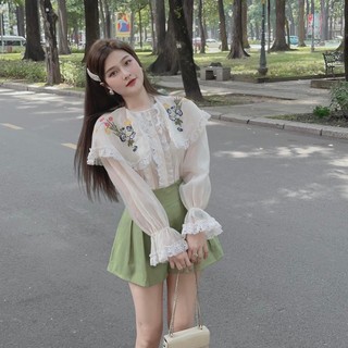 BIGSIZE HIẾU HIẾU (55-95KG) - Set áo thiết kế tay dài cổ bèo thêu hoa phối ren + quần đùi xanh cạp cao sang trọng