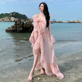 Áo choàng mặc ngoài bikini dáng dài màu hồng phấn chất vải voan tơ xếp li cao cấp hàng QC