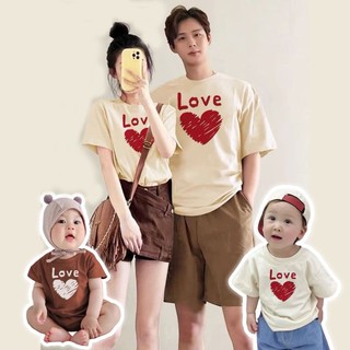 Áo gia đình HappyFamily - Đồ gia đình Chữ Love Trái Tim Nét Vẽ Chất Cotton 100 co giãn 4 chiều, Mau Nâu và Kem Mới