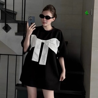 Đầm bozip tay ngắn dáng xuông ngắn phối nơ to trước ngực cực hot , chất thun bozip dày dặn