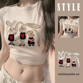 Áo croptop tay ngắn in hình 3 con thỏ tai dài cực xinh , chất thun bozip mềm mịn