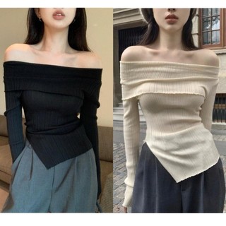 Áo thun trễ vai dài tay vạt chéo ulzzang