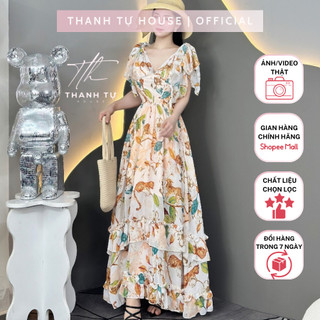 V1839 Đầm Dress Maxi Nữ Thiết Kế Cổ V Phối Voan Họa Tiết Hoa Dáng Dài Cách Điệu - Thanh Tự