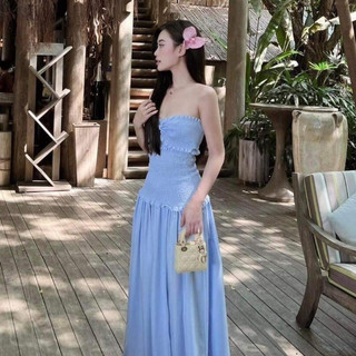 Đầm váy cổ vuông tay bồng xếp ly dáng ngắn, Đầm nữ mùa hè tay bồng chiết eo dáng xoè đi chơi đi biển CHOUCHOU hồng vàng