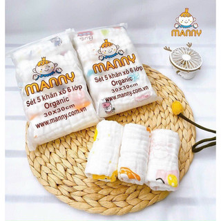 Set 5 Khăn Mặt Cho Bé Vải Xô 6 Lớp Organic Manny