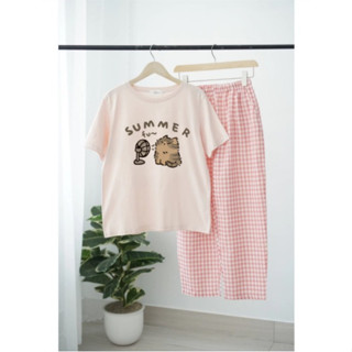  Sét bộ nữ Quần dài Caro dáng Baggy Áo thun Cotton ngắn tay in hình Đồ bộ mặc nhà Chất Đũi mềm 