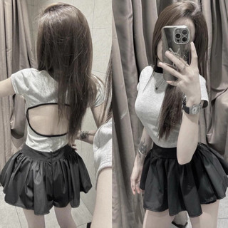 Set áo thun khoét lưng mix chân váy xoè chất cotton mềm mịn nữ tính phong cách hàn quốc gía sinh viên .