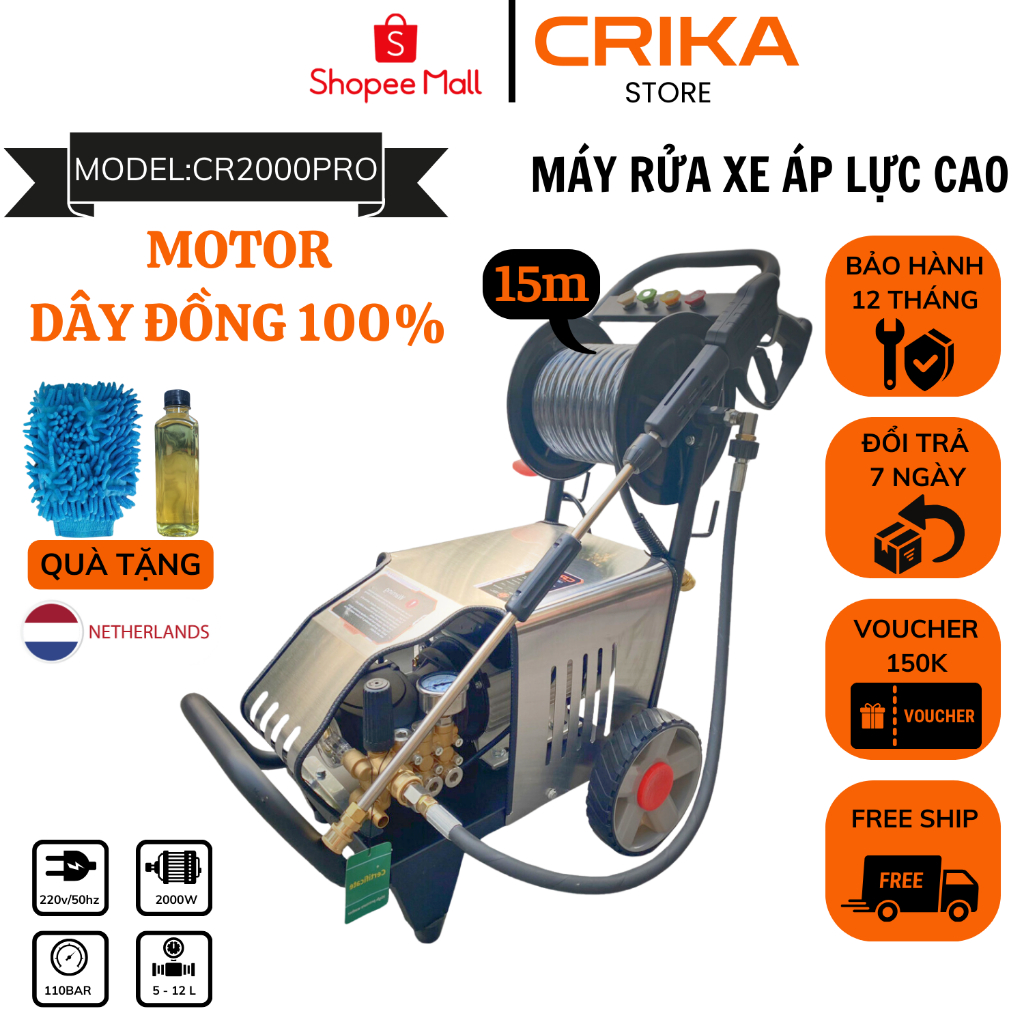 Máy rửa xe công nghiệp CRIKA2000PRO,Có rulo cuốn 15M dây,lõi đồng 100%, xịt rửa mạnh mẽ,bền bỉ